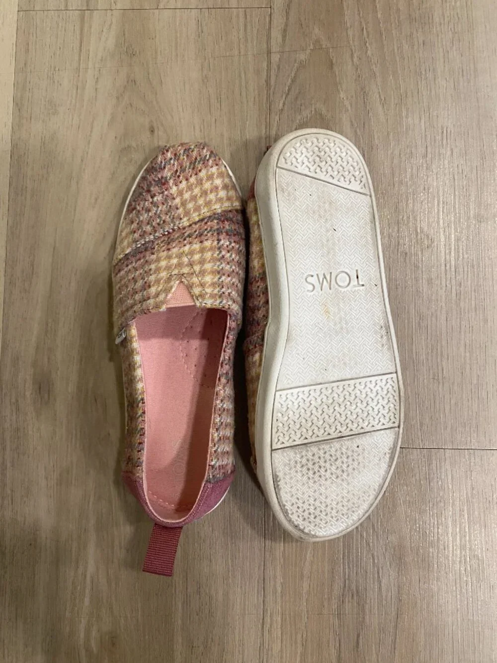 TOMS Kids Alpargata Slip On Shoes Pink Tweed Glitter Plaid Size 2.5